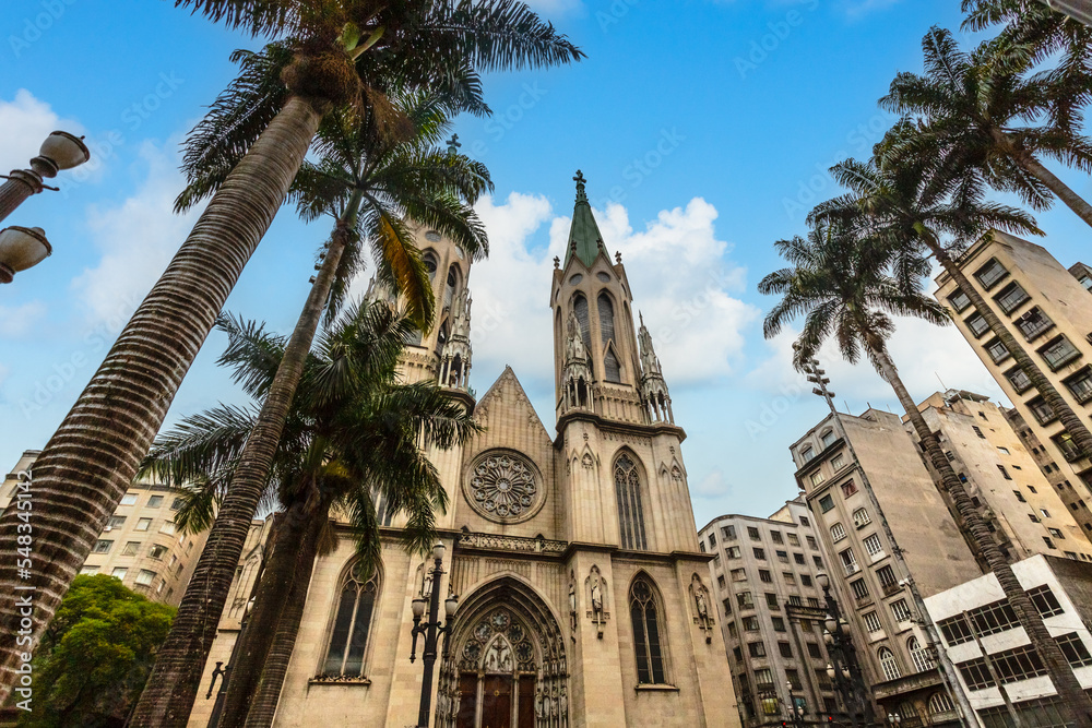 Sao Paulo Cathedral with palms and surrounding buildings, Sao Paulo, Brazil