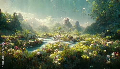 Magical fantasy fairytale landscape with lush vegetation