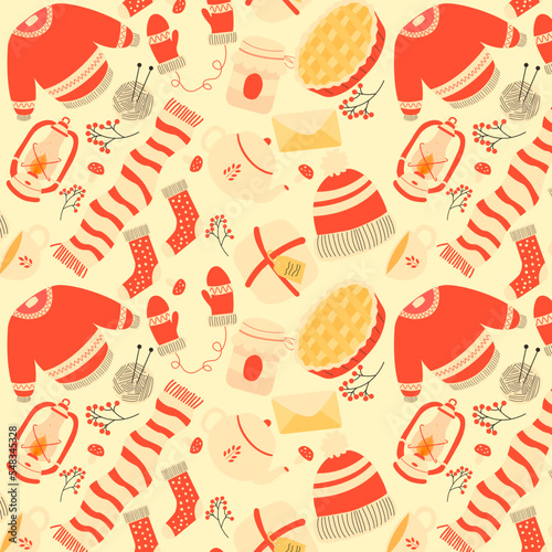 Winter pattern with warm things. Can be used as background.