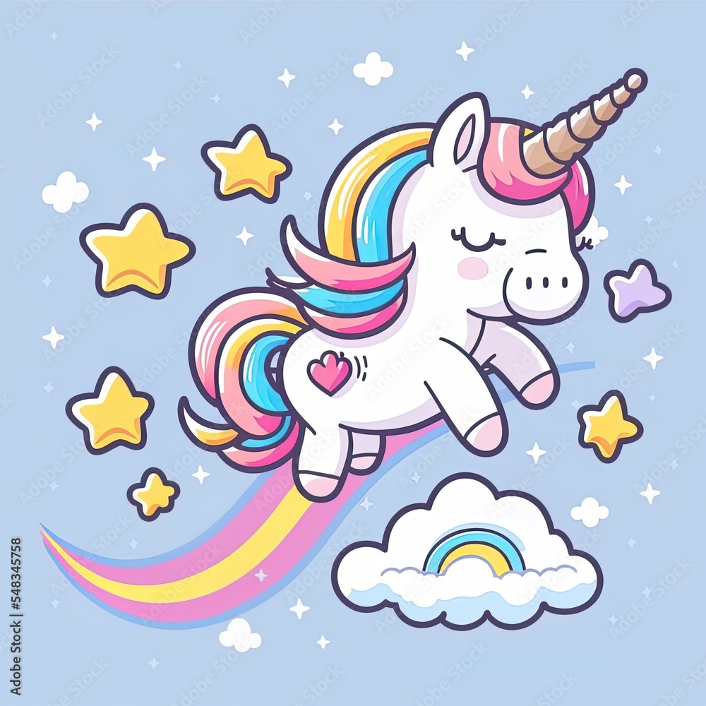 Cute unicorn flying with star and rainbow cloud cartoon 2d illustrated ...