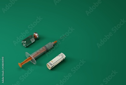 A syringe, a COVID vaccine and a rolled up banknote. Health and medical care concept, taking covid vaccine, making money from coronavirus. 3D render; 3D illustration.
