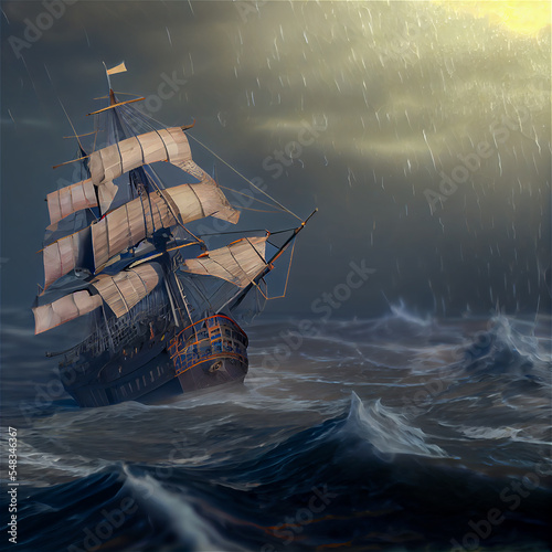 Ancient sail ship in a storm