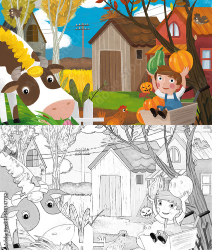 Fototapeta Naklejka Na Ścianę i Meble -  cartoon farm ranch animals pumpkins with sketch