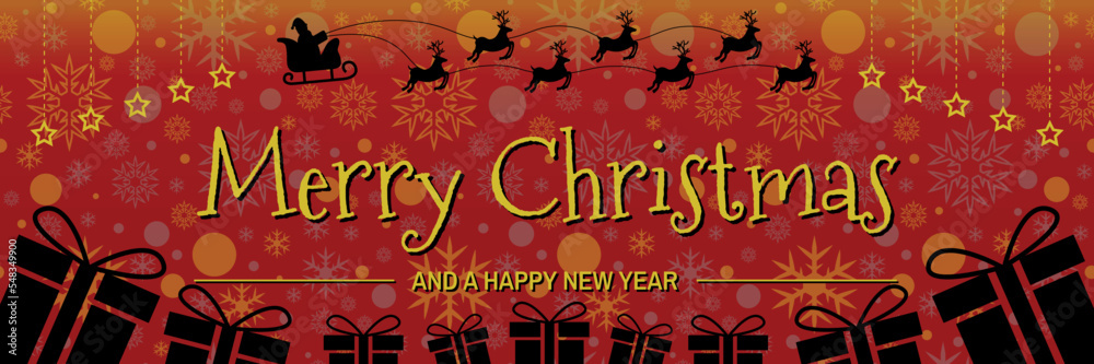 Naklejka premium Merry Christmas and Happy New Year Banner, Red Background with Snowflakes, Hanging Stars, Many Gifts Silhouette and Shadow of Santa Claus Flying on his Sleigh with his Seven Reindeer