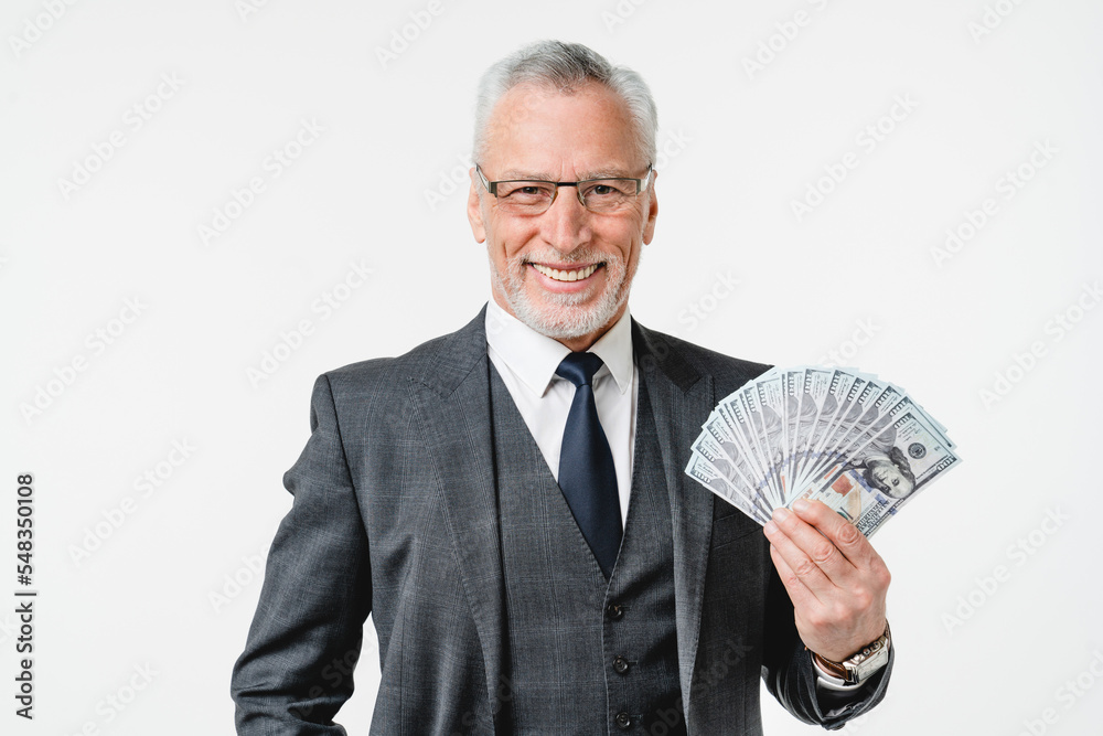 Cashback, e-commerce. Successful rich wealthy businessman boss ceo millionaire lottery casino bets winner holding money prize victory jackpot isolated in white background Cashback, e-commerce. Successful rich wealthy businessman boss ceo millionaire lottery casino bets winner holding money prize victory jackpot isolated in white background