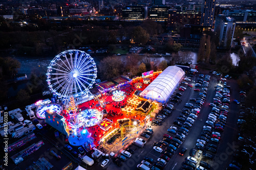 Christmas Festival Carnival, Evening Drone view. Reading, Berkshire, UK