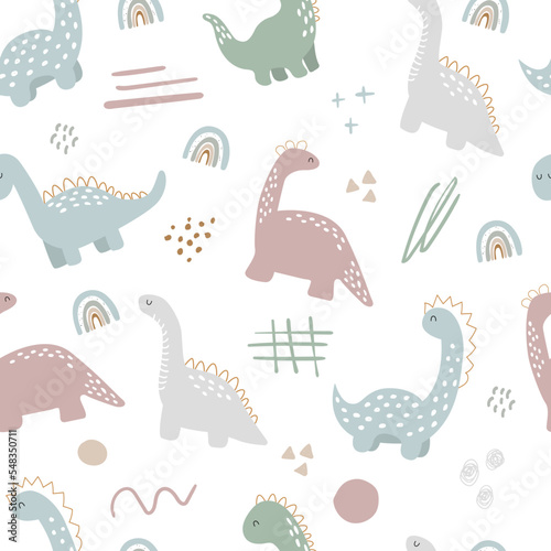 Vector hand drawn seamless pattern with dinosaurs and doodles, dots, spots and rainbow. Modern childish design for wallpaper, textile, gift paper.
