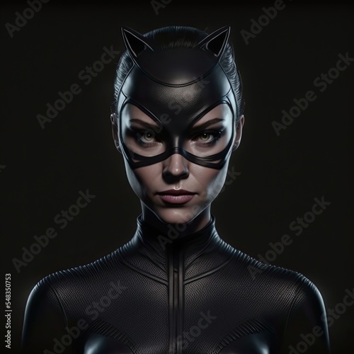 Portrait of a cat girl cat woman in black latex suit and mask. 3d render character isolated on black background. photo