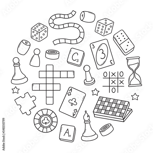 Board games doodle set. Checkers, chess, cards, backgammon in sketch style. Hand drawn vector illustration isolated on white background