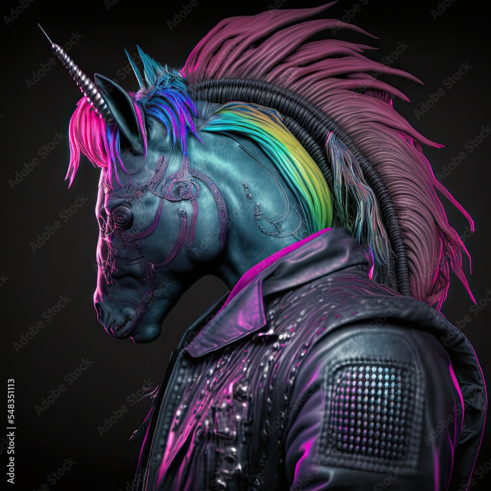 Cyberpunk unicorn character. Antropomorphic cool punk rock equine man with horn. 3d render