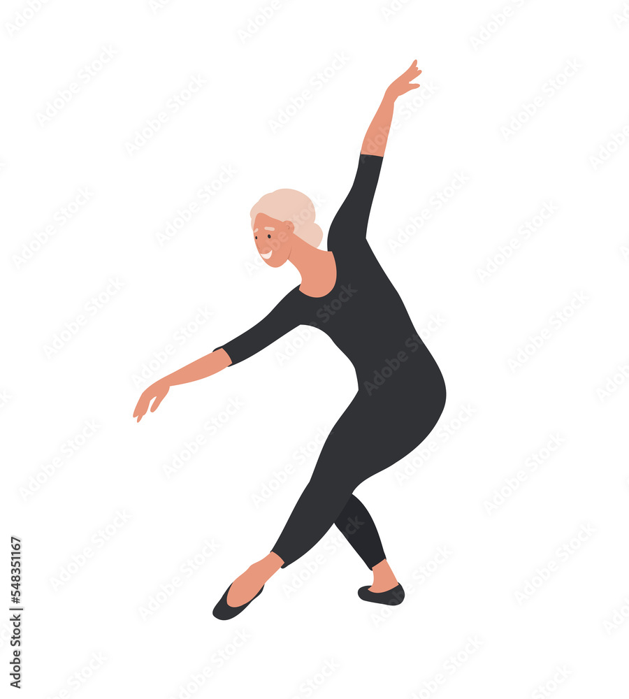 Mature, old, elder Ballerina, woman ballet dancer. Elegant ballerina in  Black training suit, practicing dance. Cartoon flat vector illustration  isolated on the white background Stock Vector | Adobe Stock