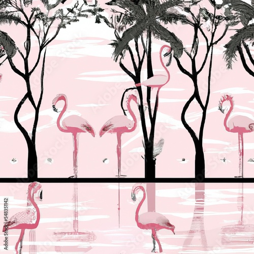 Abstract Wallpaper vintage jungle pattern with birds flamingo in forest trees on the lake with pinky background, illustration, digital art photo