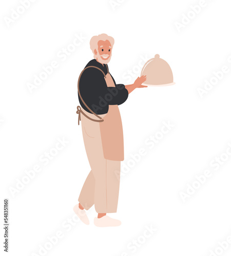Male Character Cooking food. Elder, old, mature man serving the dish, Enjoying Process of Cook Food. Cartoon Vector Illustration