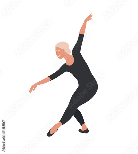 Mature, old, elder Ballerina, woman ballet dancer. Elegant ballerina in Black training suit, practicing dance. Cartoon flat vector illustration isolated on the white background
