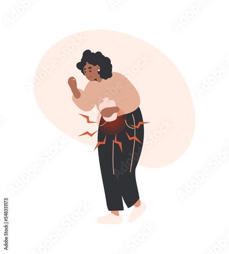 Menstrual pain, cramps. Woman having period pain concept vector illustration on white background.  Female critical day problems Female relief pain with hot water bag and pills.