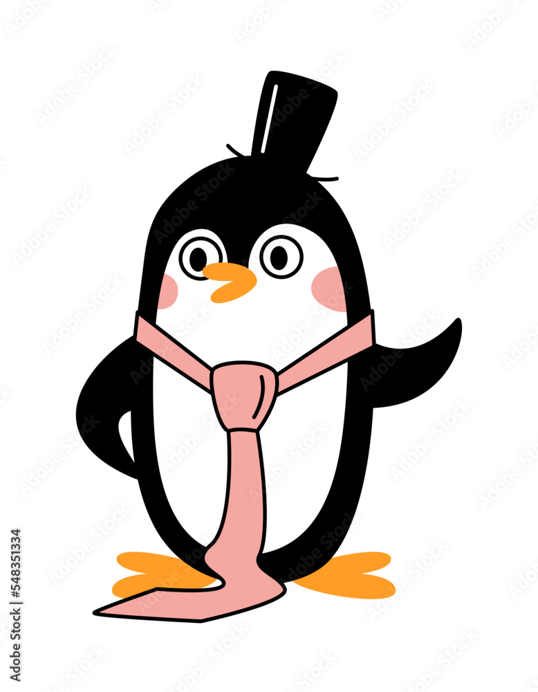 Obraz premium Cute little happy penguin with a tie and a hat. Vector flat illustration