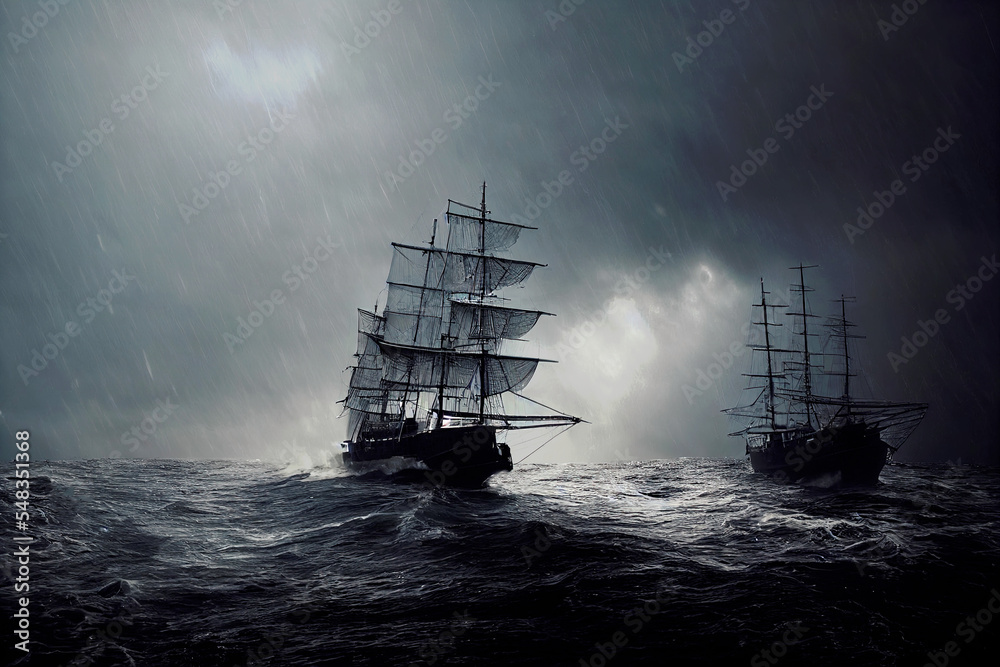 Sailing ships near an iceberg with turbulent sky