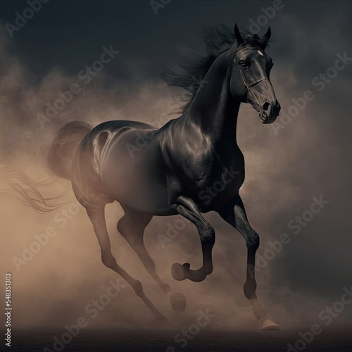 Black horse galloping through the smoke. Beautiful equine 3d rendered illustration.