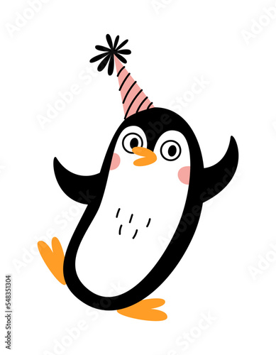 Cute little happy penguin with a cap on his head. Vector doodle flat illustration