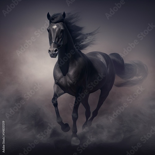 Black horse galloping through the smoke. Beautiful equine 3d rendered illustration.