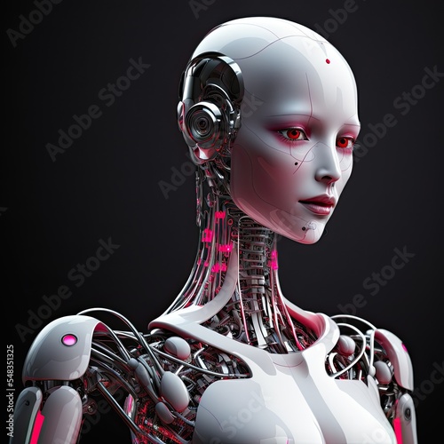 3d rendered illustration of beautiful porcelain white female android robot. Character design isolated on black background. photo