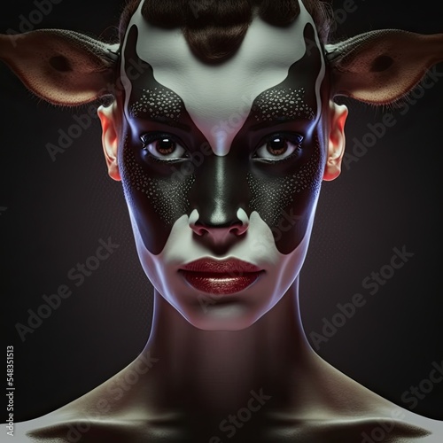 Portrait of a hucow human cow woman. Illustration 3d render on black background.