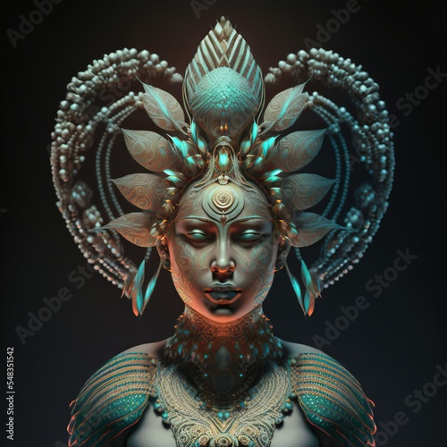 Beautiful woman goddess deity statue 3d render. Isolated on black background. Epic character design.