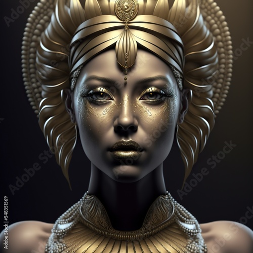 Beautiful woman goddess deity statue. Isolated on black background. Epic character design. Generative AI.