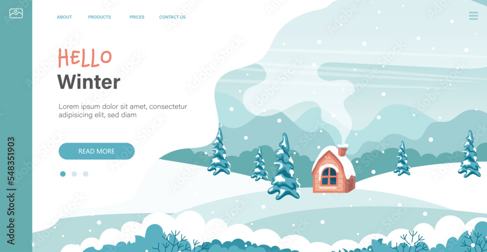 Winter in village holiday template. Winter landscape with cute house and trees, merry Christmas greeting card template. Vector illustration in flat style