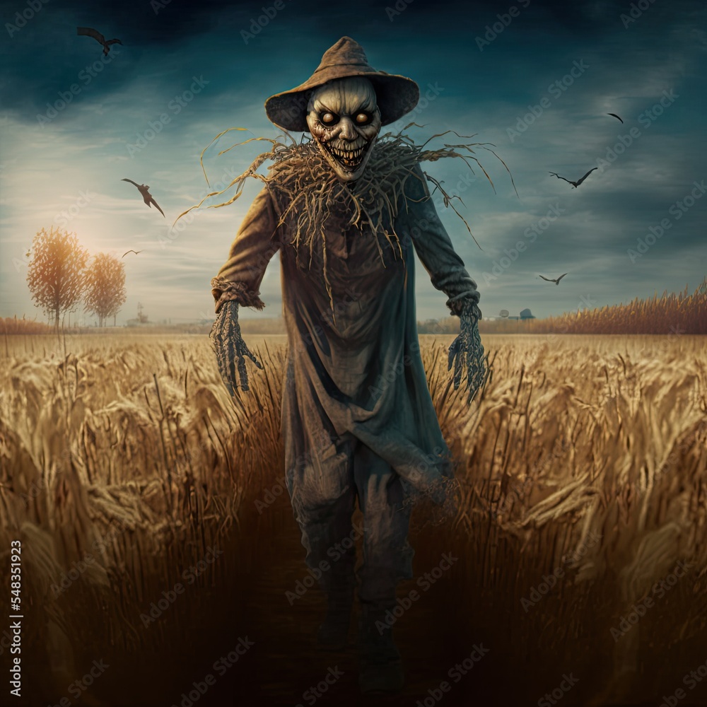 Scary halloween scarecrow in the field. 3d render horror character design. Иллюстрация Stock