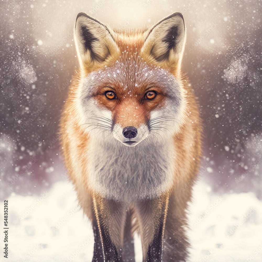 Obraz premium Red woodland fox in the snow. Winter landscape in the forest. Animal character design for christmas.