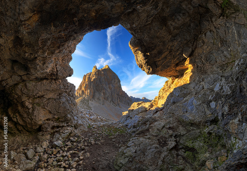 Panoramic from a cave of Peña Olvidada, a summit of the Central Massif of the Picos de Europa or Urrieles massif, in Cantabria, Spain