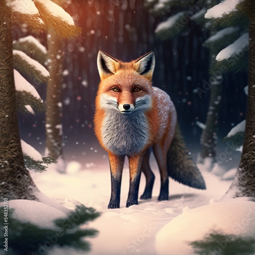 Red woodland fox in the snow. Winter landscape in the forest. Animal character design for christmas.