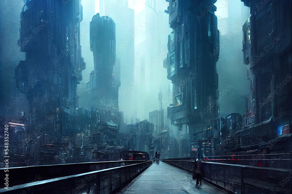 Futuristic cyberpunk city. Skyscrapers view, at night on a rainy day ...