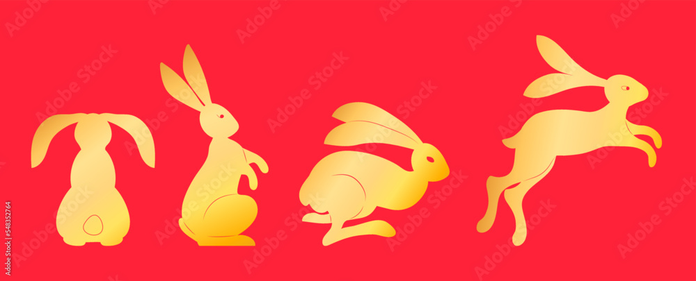Chinese New Year 2023. Golden Christmas bunny with asian ornament. Symbol of new year