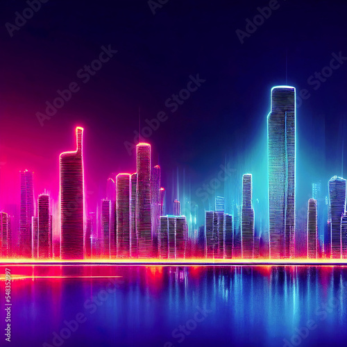 Futuristic, cyberpunk city skyline. Neon lights. Illustration of a modern cityscape. Dystopic urban wallpaper