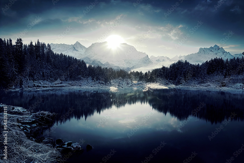 Fototapeta premium Mountain landscape with lake, snowy peaks, green grass on rocks and trees