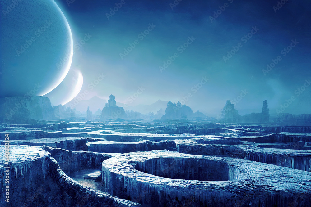 Alien Planet With Frozen Ice Rocks Under The Night Sky With Glowing And