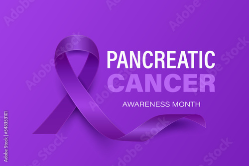 Pancreatic Cancer Banner, Card, Placard with Vector 3d Realistic Purple Ribbon on Purple Background. Pancreatic Cancer Awareness Month Symbol Closeup. World Pancreatic Cancer Day Concept