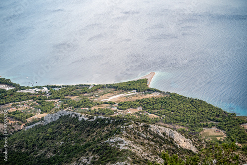 The most famous croatian beach Zlatni Rat photographed from Vidova Gora, the highest peak of Brac island, Croatia