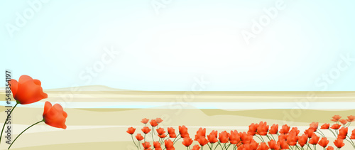 The Red South Festival banner. Anemone flowers in Negev desert. Israel desert is blossoming. Flowers in Israel desert. Israel Nature banner. 