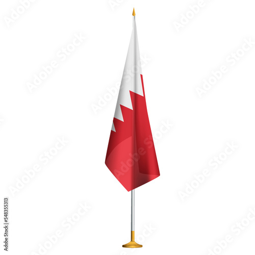 Isolated small national flag of Bahrain vector with golden flagpole.Standing miniature flag of Bahrain