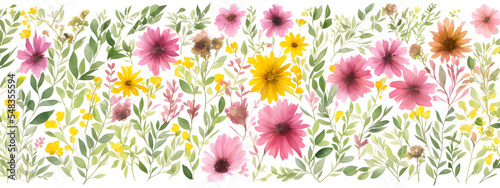 Banner watercolor arrangements with garden flowers. bouquets with pink, yellow wild flowers, leaves, pattern branches illustration digital for wallpapers, textile or wrapping paper in vintage style