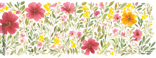 Banner watercolor arrangements with garden flowers. bouquets with pink, yellow wild flowers, leaves, pattern branches illustration digital for wallpapers, textile or wrapping paper in vintage style