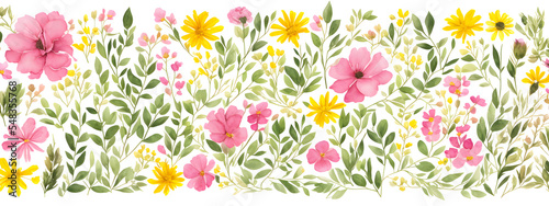 Banner watercolor arrangements with garden flowers. bouquets with pink, yellow wild flowers, leaves, pattern branches illustration digital for wallpapers, textile or wrapping paper in vintage style