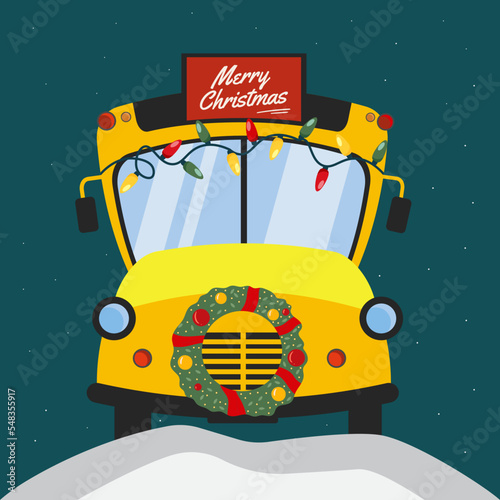 Merry Christmas Card with  School Bus decorations Christmas Lights and a Wreath