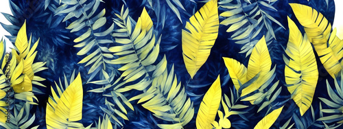 Banner navy blue, gold leaves watercolor pattern illustration for wallpapers, textile or wrapping paper in vintage rustic style