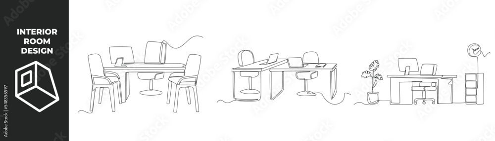 Single one line drawing office interior concept. Office desk, chair ...