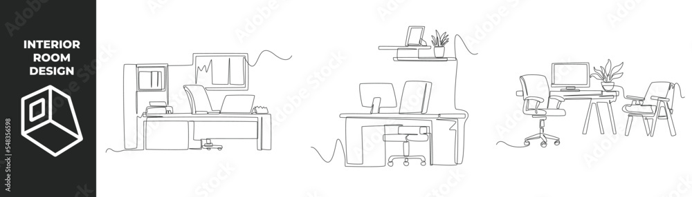 Single one line drawing office interior concept. Office desk, chair, computer, window and plant. Continuous line draw design graphic vector illustration. Single one line drawing office interior concept. Office desk, chair, computer, window and plant. Continuous line draw design graphic vector illustration.