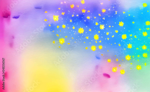 Vector floral watercolor background, wallpaper with beautiful yellow flowers , multicolor, rainbow color, holiday smoke fantasy paint